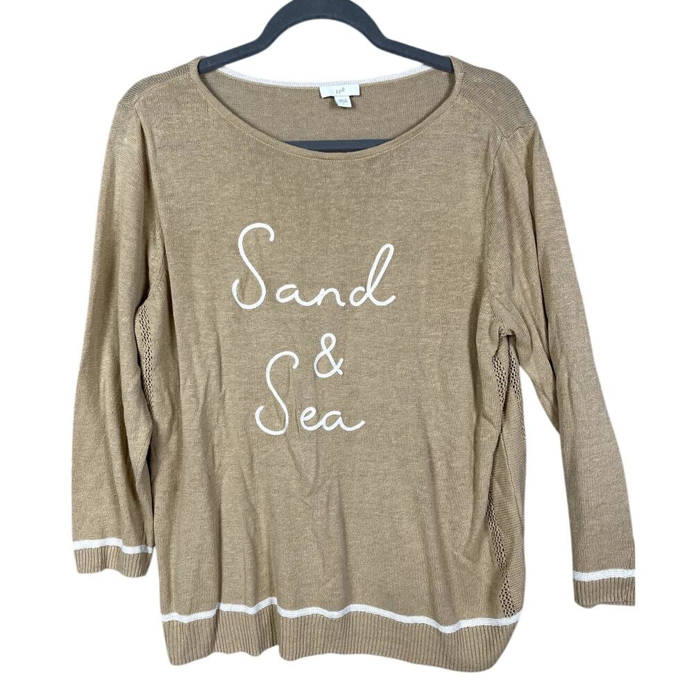 J. Jill Sand & Sea Graphic Linen Blend Sweater Size L Beige 3/4 Sleeve Top Beach